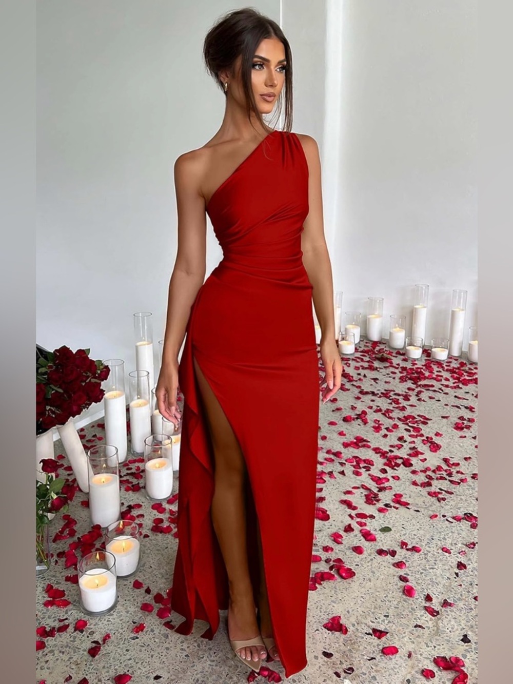 NWOT - One-Shoulder Red High Slit Ruched Evening Gown, Hot Vegas Party Sexy Prom - Picture 4 of 11